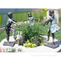 Outdoor park decorative bronze boy and girl playing sculptures